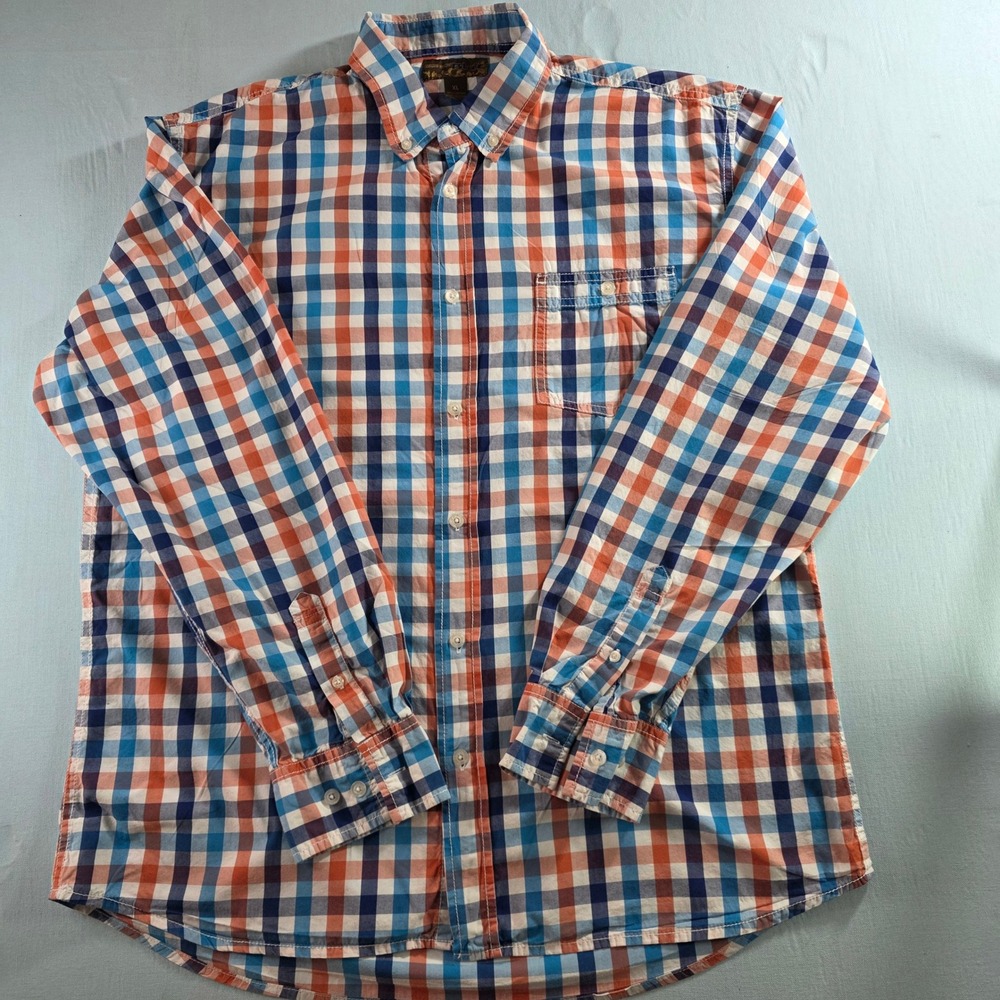 Pronto Uomo Blue Mens XL Button Down Shirt Orange Blue Gingham Plaid Cotton